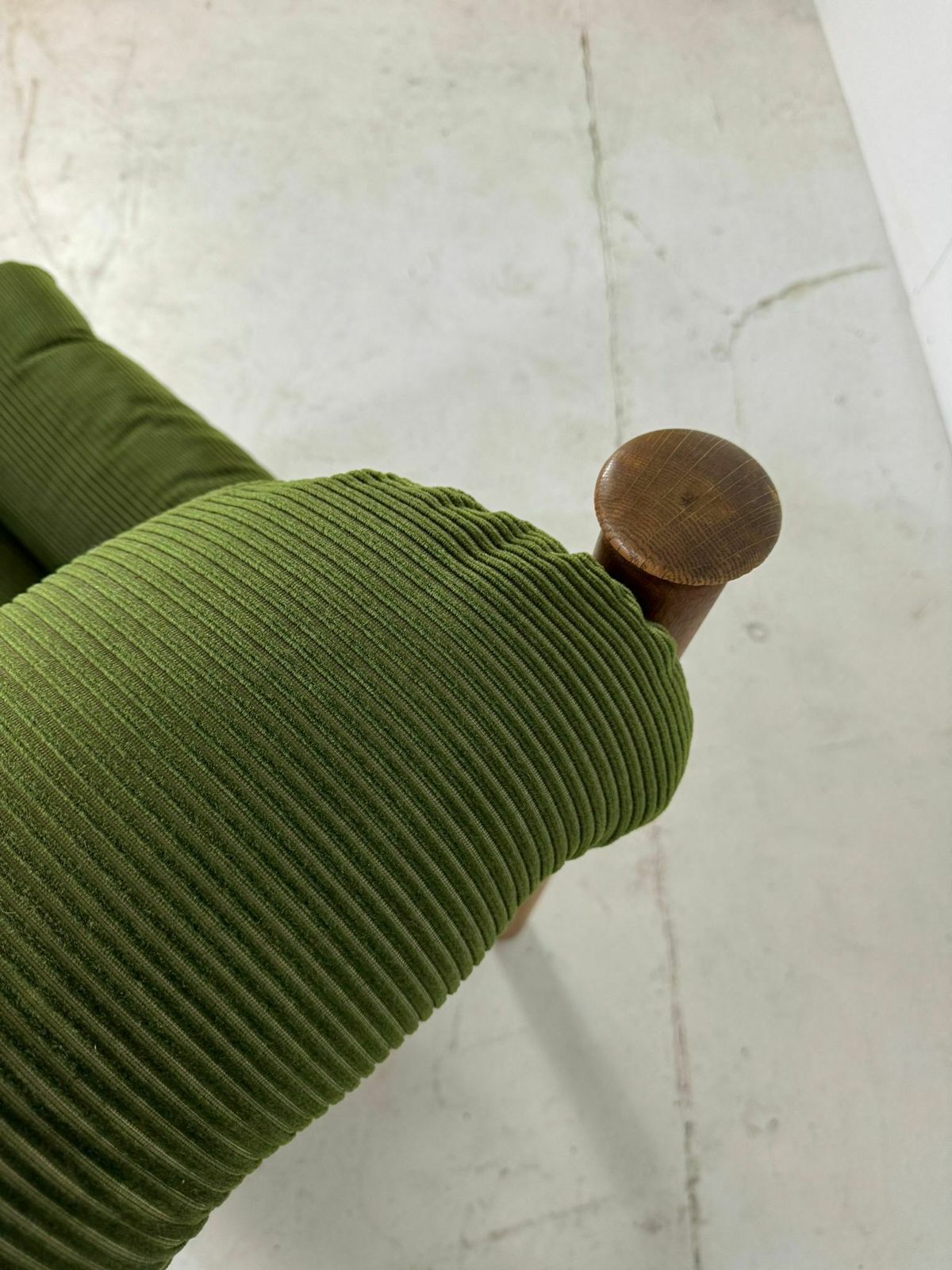 photo furniture Vintage Oak Brutalist Armchair With Poof In Original Green Ribbled Fabric