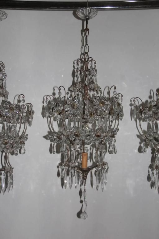 Mid Century Modern Chandeliers French Crystal Metal Forged 1950s