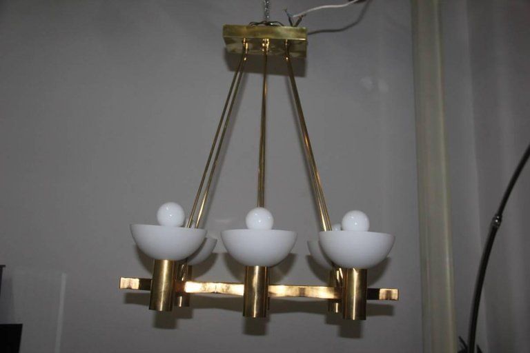 Mid Century Modern Italian Chandelier Brass Murano Glass Sculptural photo vinterior