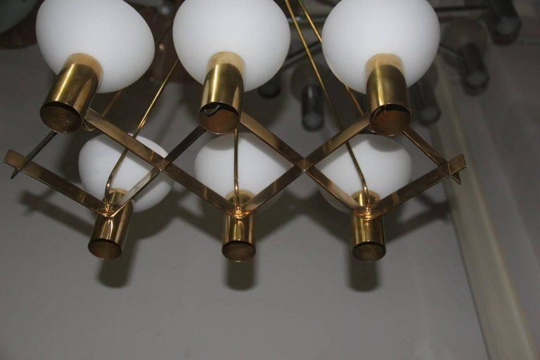 Mid Century Modern Italian Chandelier Brass Murano Glass Sculptural photo vintage