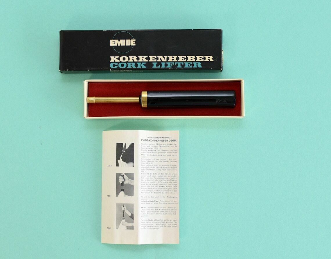 1960s Emide Cork Lifter | Vintage Bottle Opener Brass And Black Plastic | Mid Century Modern Barware Gift Wine Lover | German Design Retro