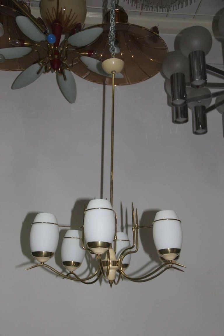 Mid Century Modern Italian Chandelier Stilnovo Brass Lacquered Murano Glass photo vinterior