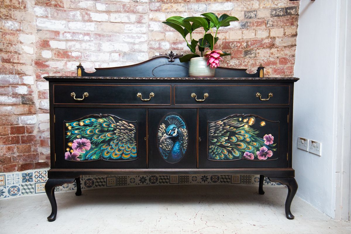 Stunningly Hand Painted, Mural Peacock Designed, Maw, Till, Kirke & Co. (Circa 1876   1892) Buffet/Sideboard photo for sale