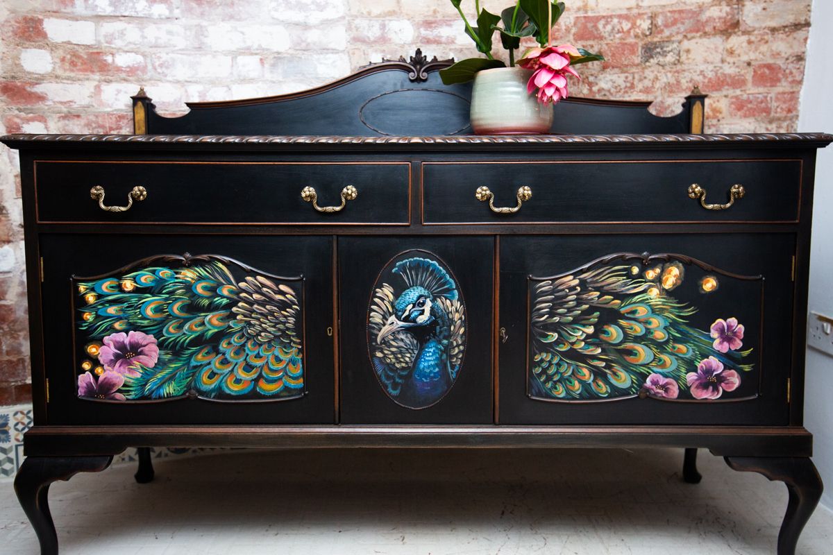 Stunningly Hand Painted, Mural Peacock Designed, Maw, Till, Kirke & Co. (Circa 1876   1892) Buffet/Sideboard