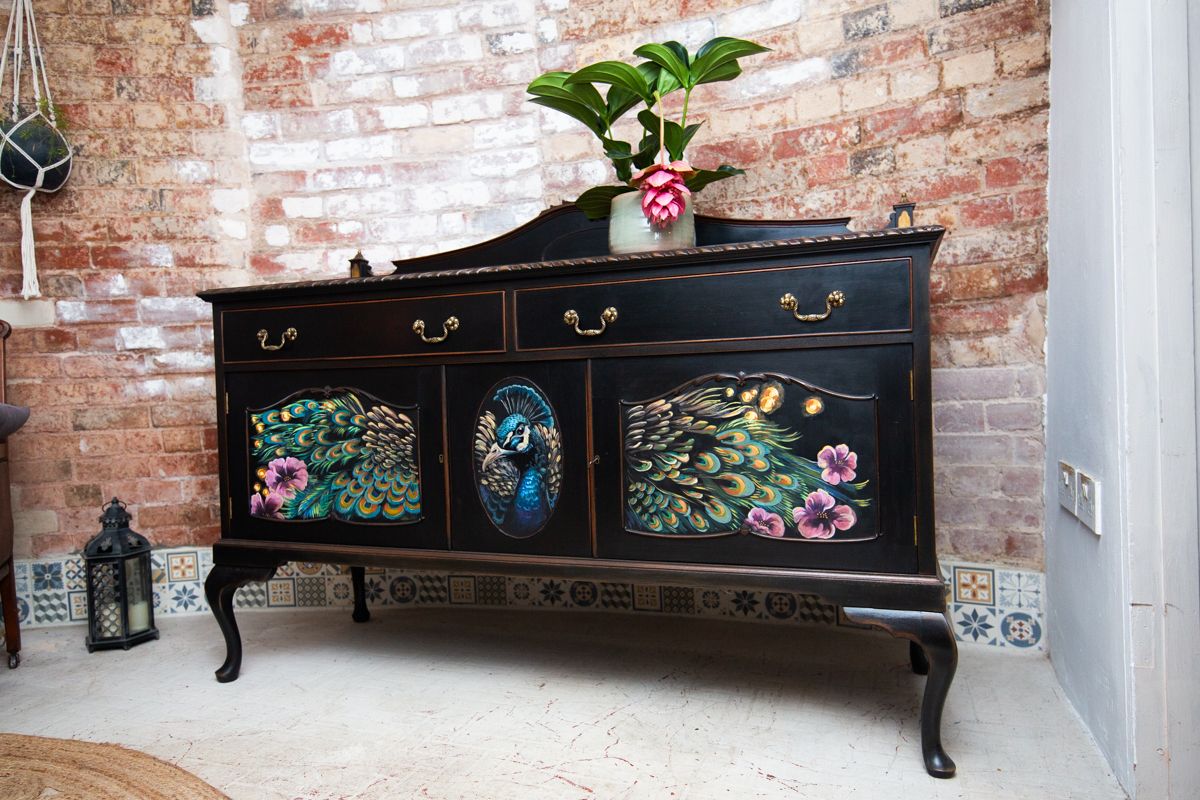 1900.0 Stunningly Hand Painted, Mural Peacock Designed, Maw, Till, Kirke & Co. (Circa 1876   1892) Buffet/Sideboard photo