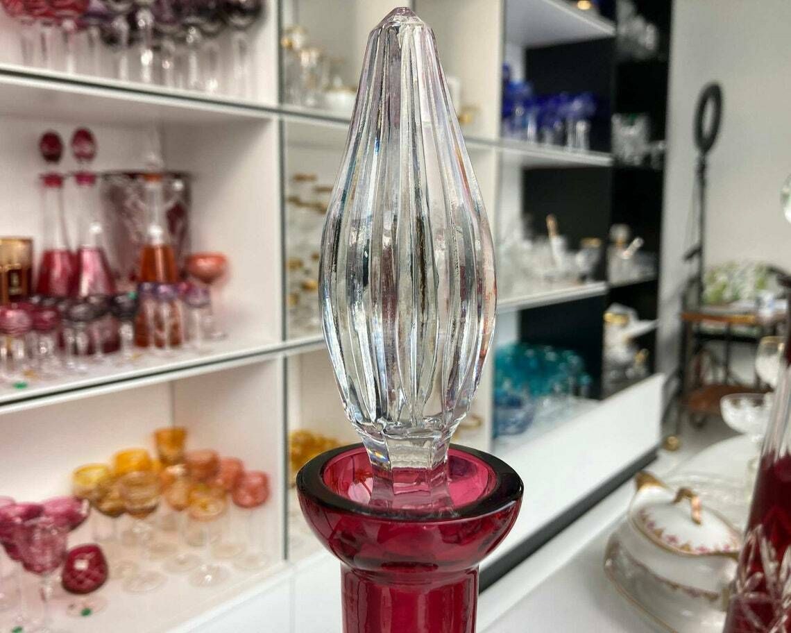 Red Crystal Decanter | Round Wine Decanter | Cut Crystal With Tall Neck | 1960 70s photo Home Decor