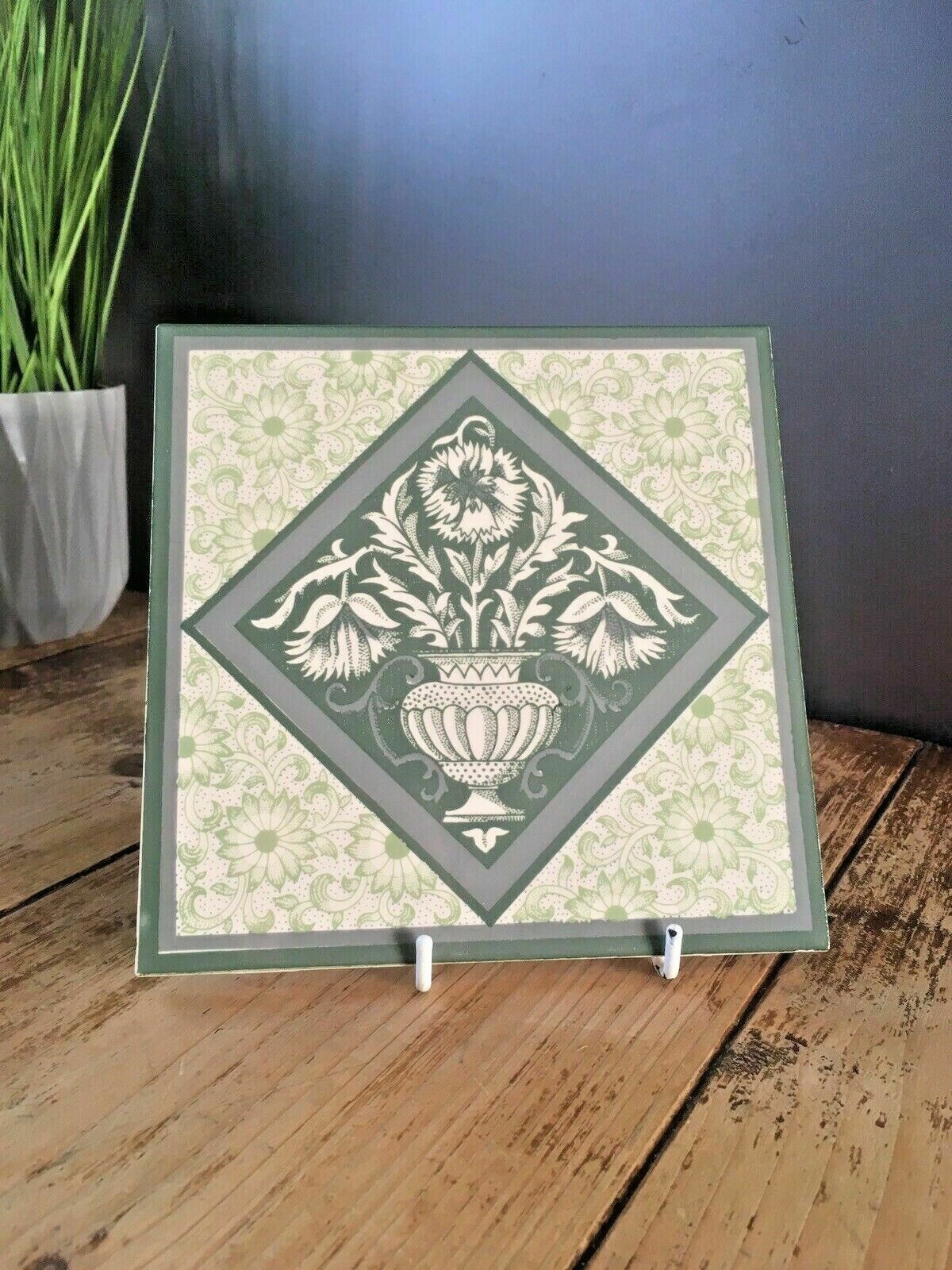 6 Vintage Green Sunflower Floral Print Vase Urn Tiles William Morris Interest photo vintage