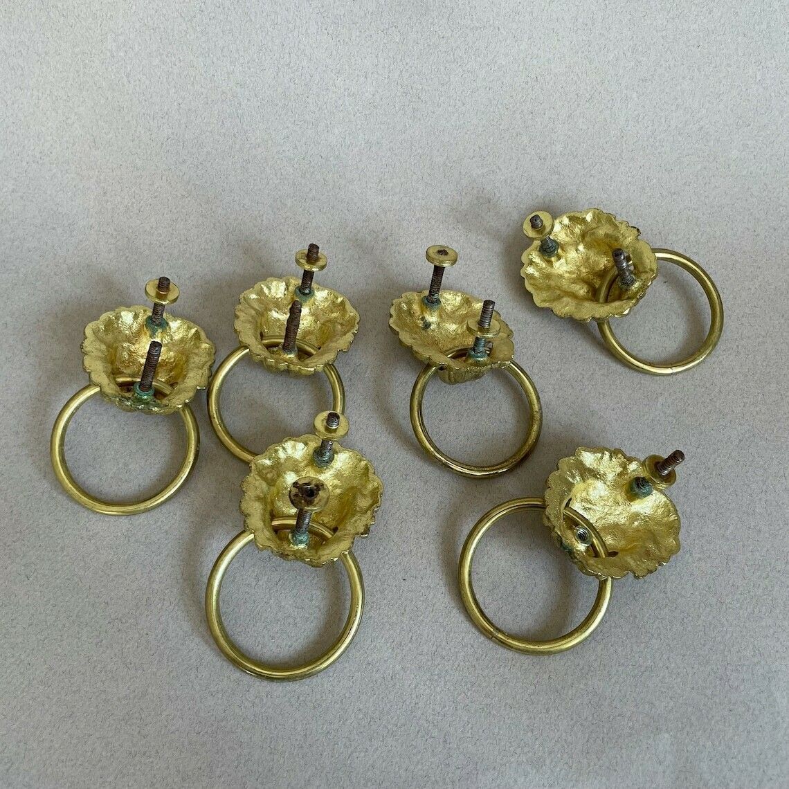 6 Matching Antique Gold Cupboard Lion Head Face Handles Ornate Drawer Pulls Furniture Trims Old Reclaimed Drawers Ring Loop Brass photo vintage