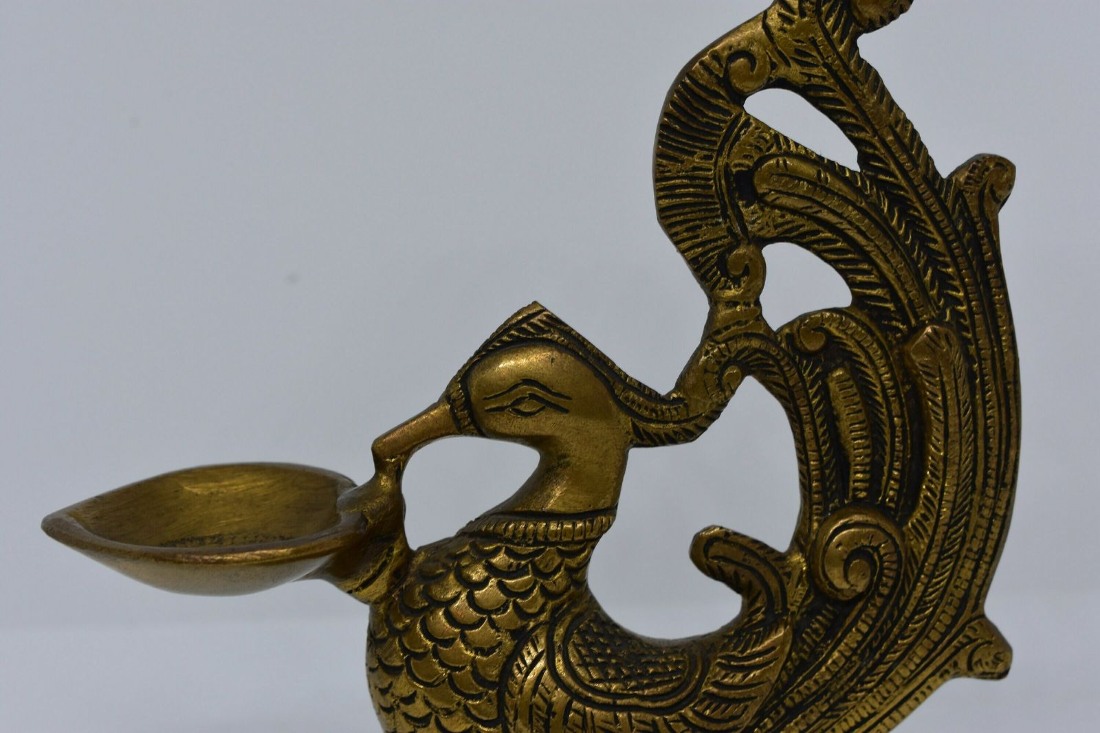 Brass Antique Peacock Diya | Vintage Oil Lamp | Handcarved Brass Oil Lamp | Ethnic Motifs photo furniture