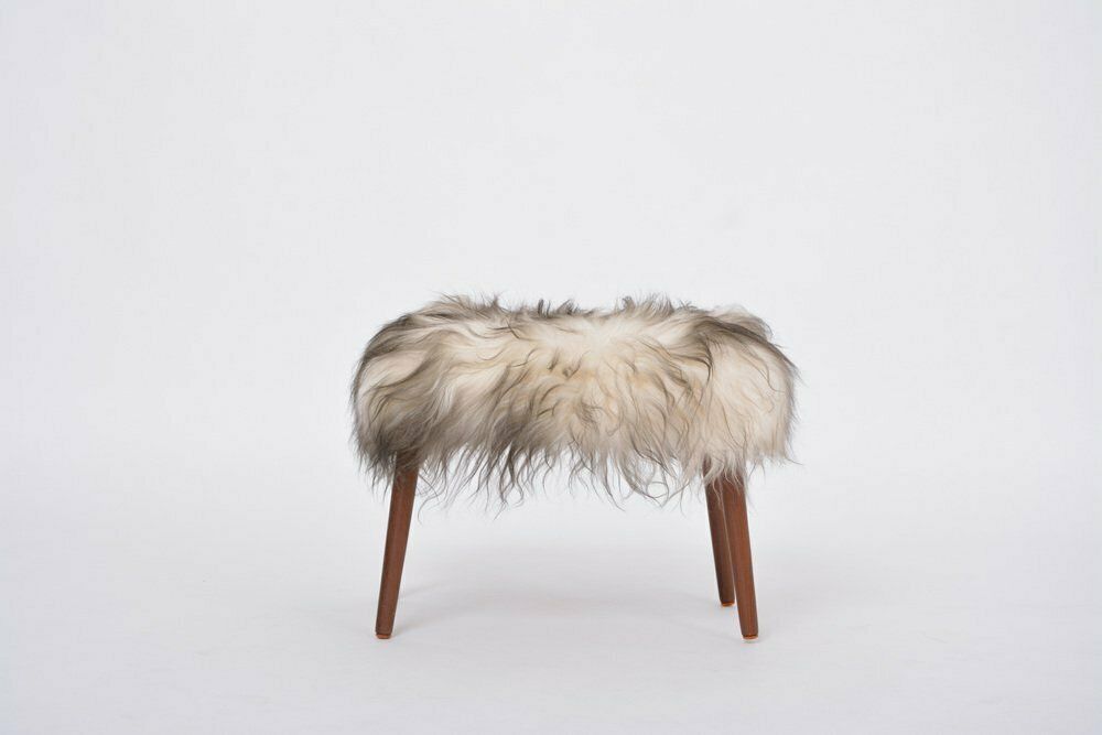 Mid Century Danish Modern Stool Covered In White & Black Sheepskin, 1950s photo Furniture
