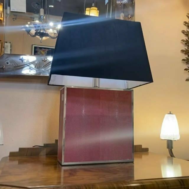 Midcentury Large Pink Shagreen Table Lamp With New Black Silk Shade C.1970 photo furniture
