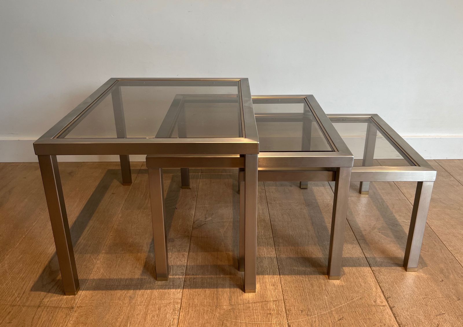 Suite Of 3 Nesting Tables In Brushed Steel And Brass Attributed To Guy Lefèvre photo for sale