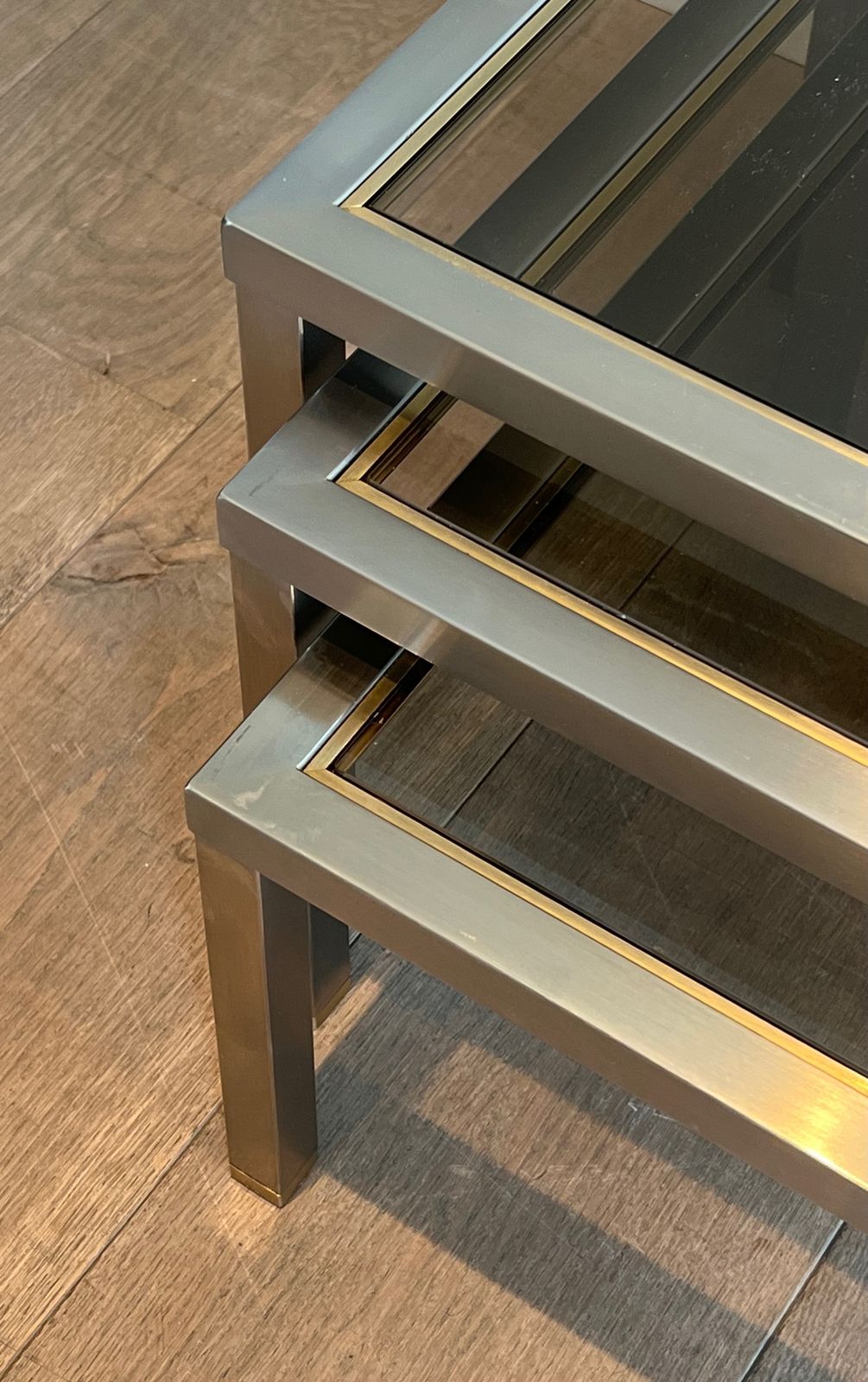 Suite Of 3 Nesting Tables In Brushed Steel And Brass Attributed To Guy Lefèvre photo buy