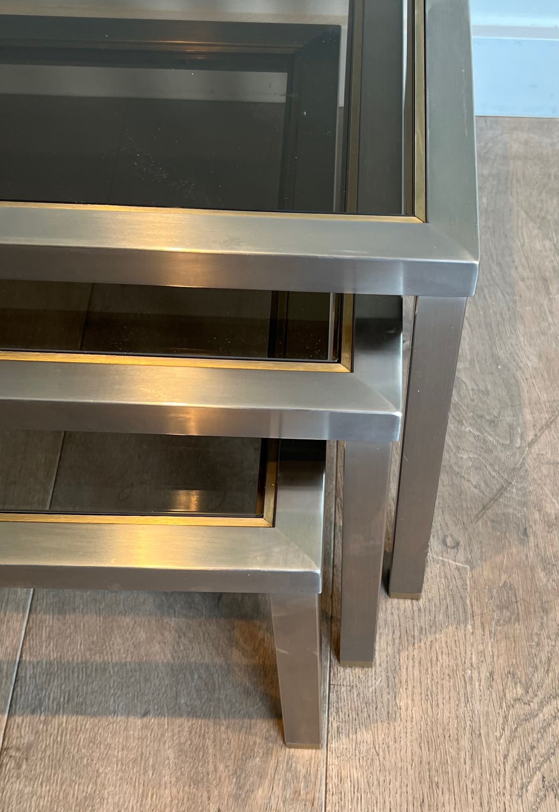 Suite Of 3 Nesting Tables In Brushed Steel And Brass Attributed To Guy Lefèvre photo vintage