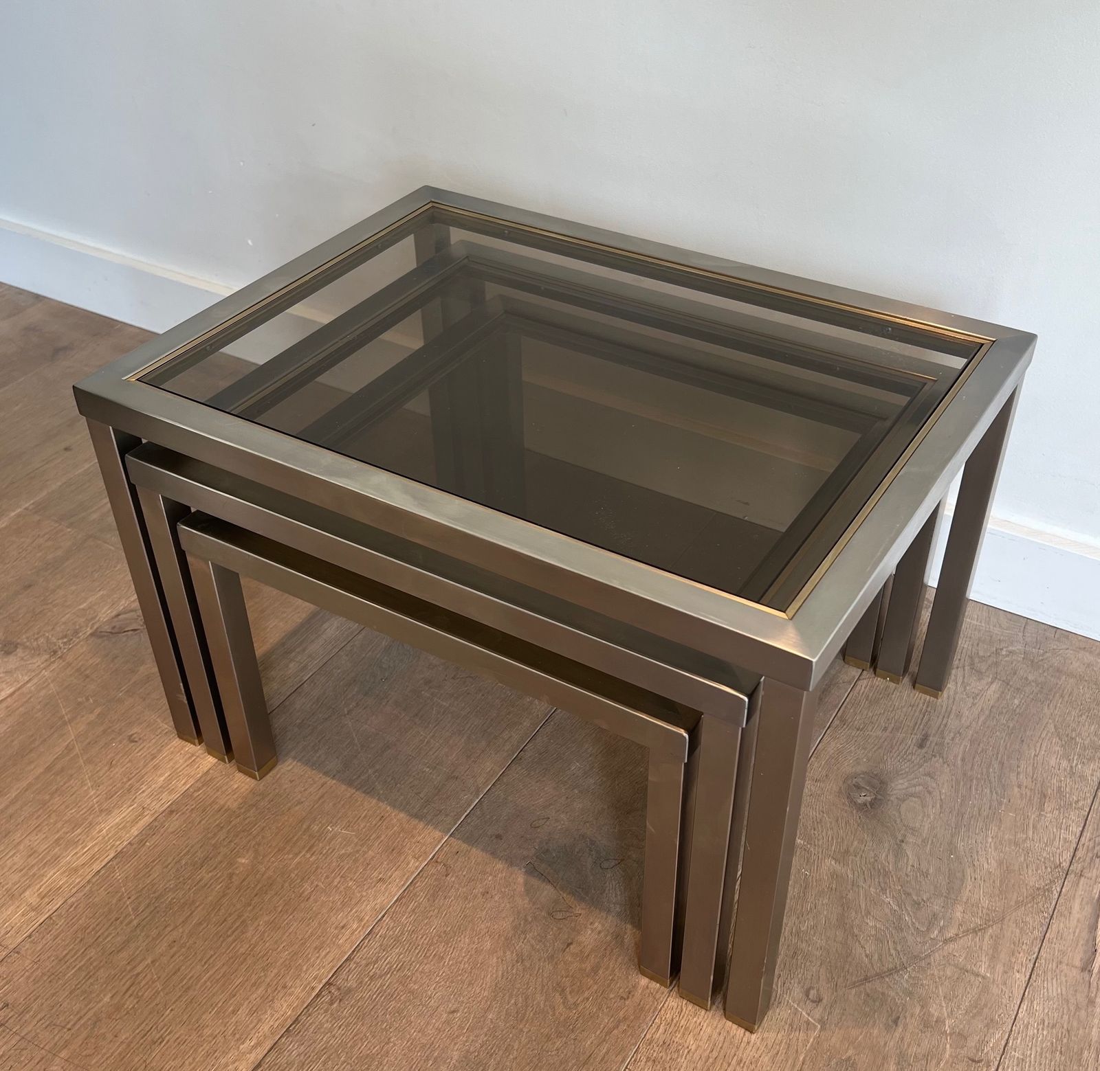 1250.0 Suite Of 3 Nesting Tables In Brushed Steel And Brass Attributed To Guy Lefèvre photo