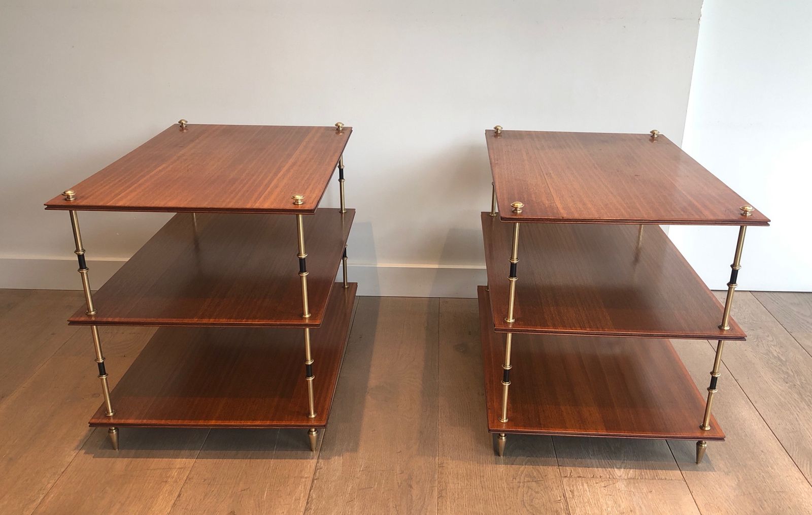 Pair Of Small Consoles Or Sofa Ends With Three Levels In Mahogany And Brass From Maison Jansen photo for sale