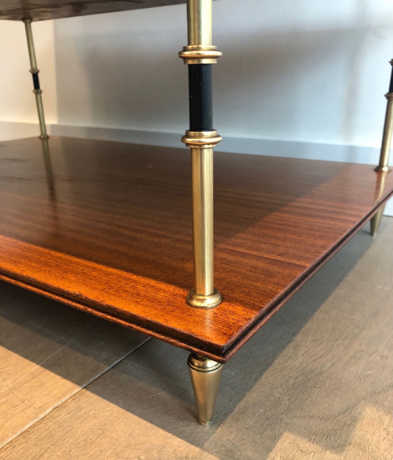photo vintage Pair Of Small Consoles Or Sofa Ends With Three Levels In Mahogany And Brass From Maison Jansen