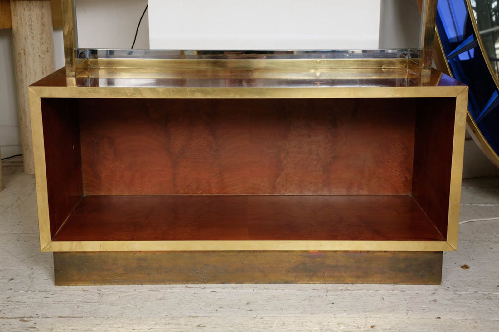 Romeo Rega Brass Chrome Lucite Burl Walnut 70s Lacquer Display Cabinet photo for sale