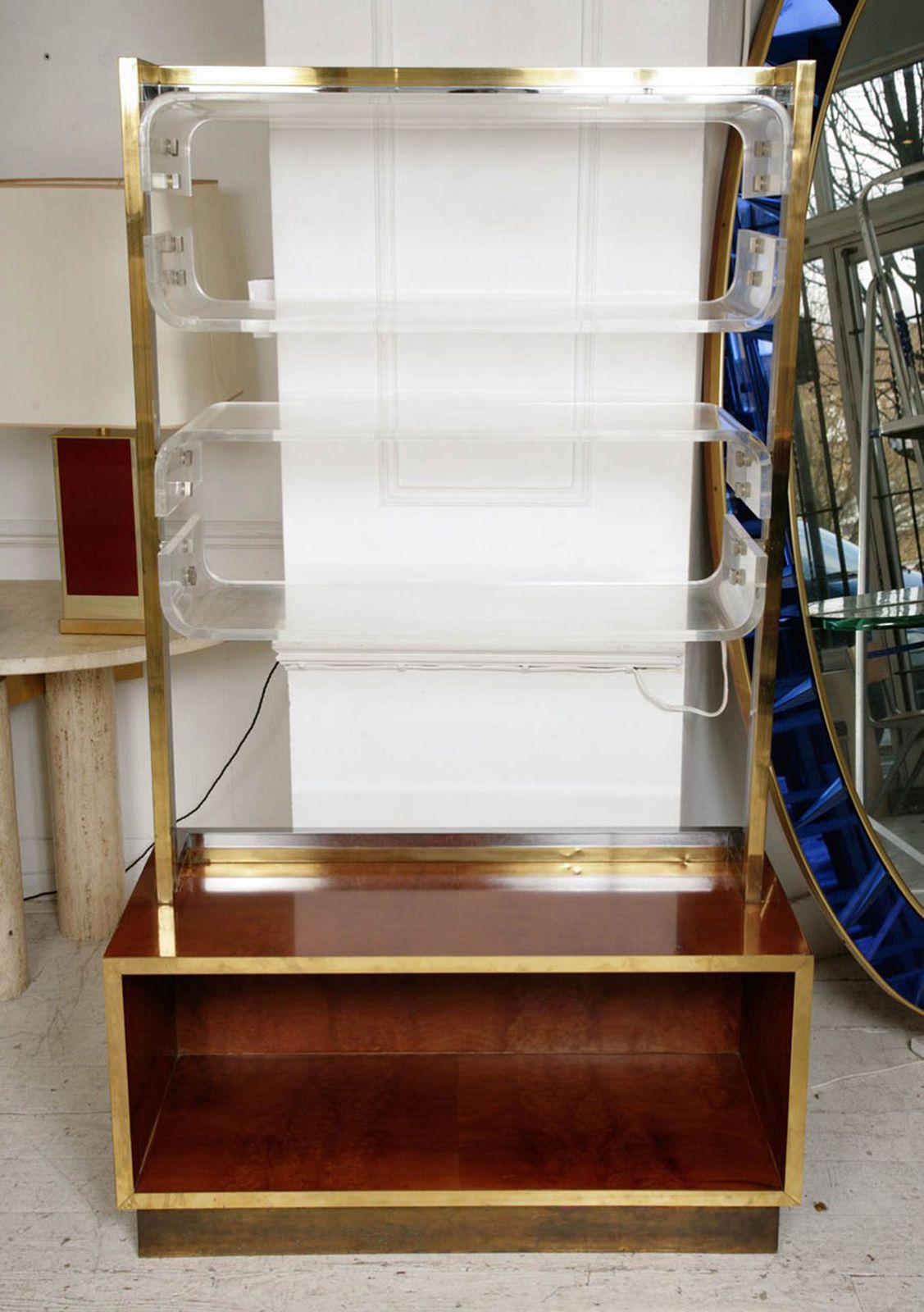 Romeo Rega Brass Chrome Lucite Burl Walnut 70s Lacquer Display Cabinet photo 7900.0