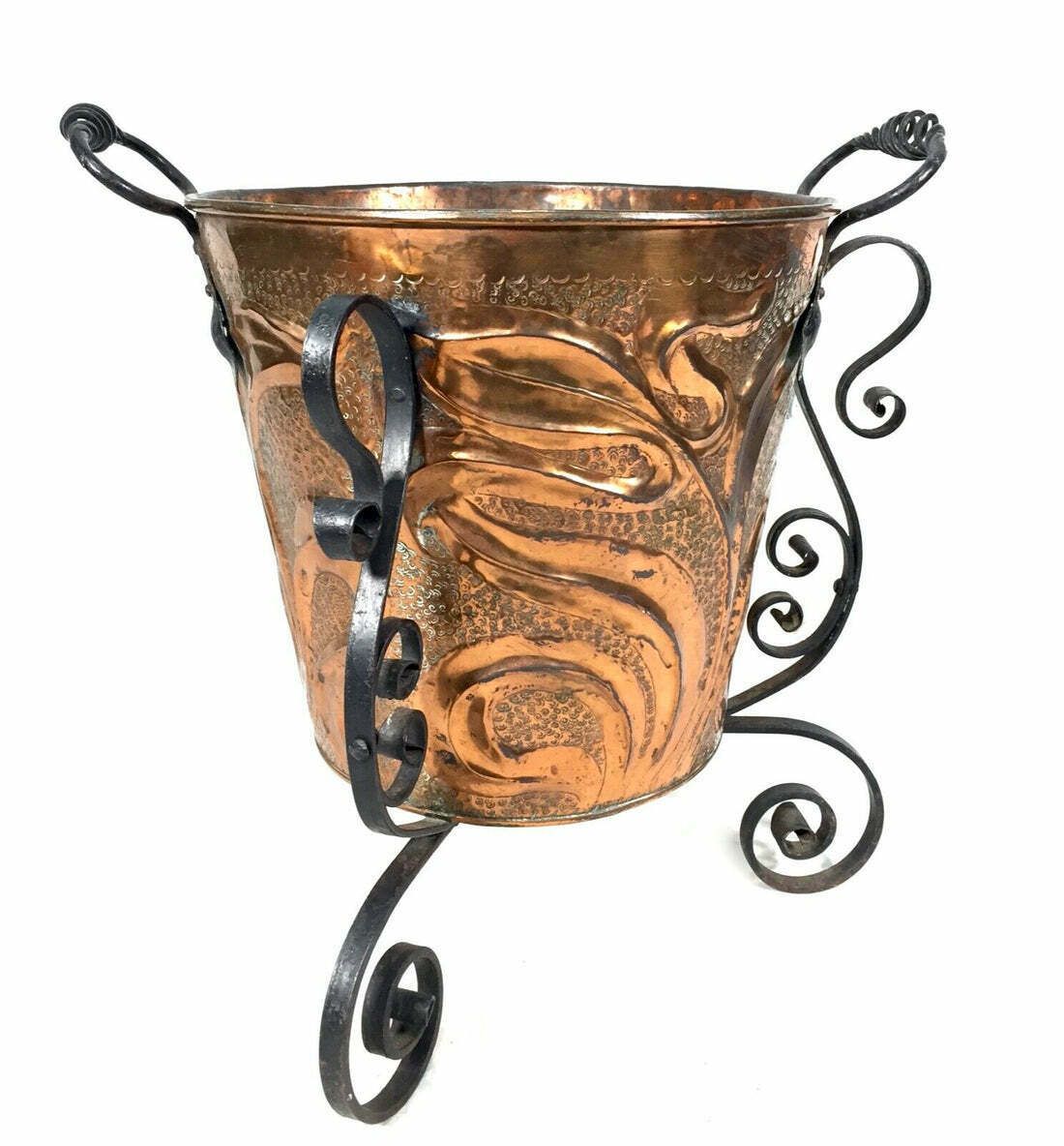 Antique Art Nouveau Copper & Cast Iron Bin / Planter / Arts & Crafts Log Basket photo furniture