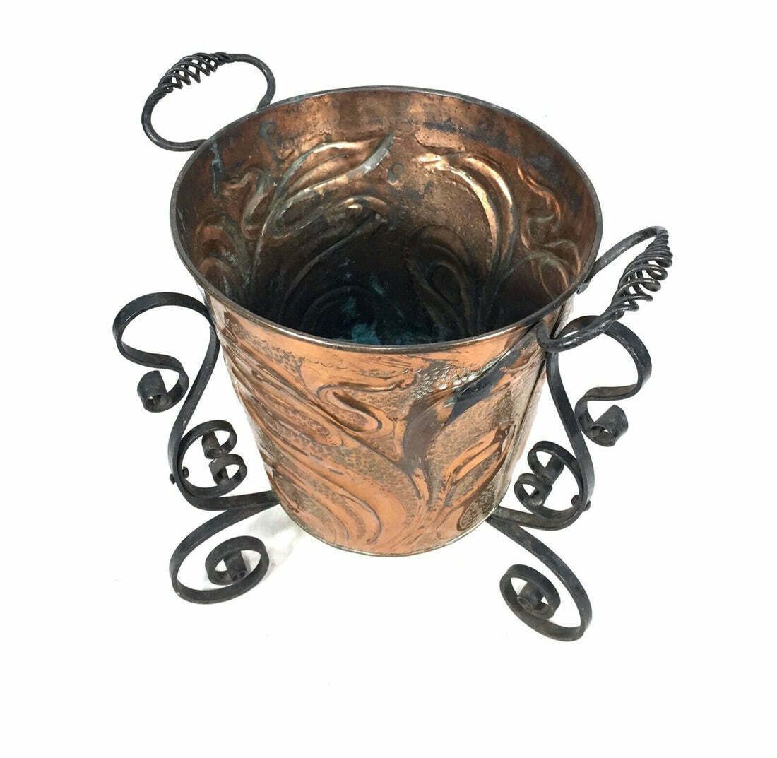 Antique Art Nouveau Copper & Cast Iron Bin / Planter / Arts & Crafts Log Basket photo for sale