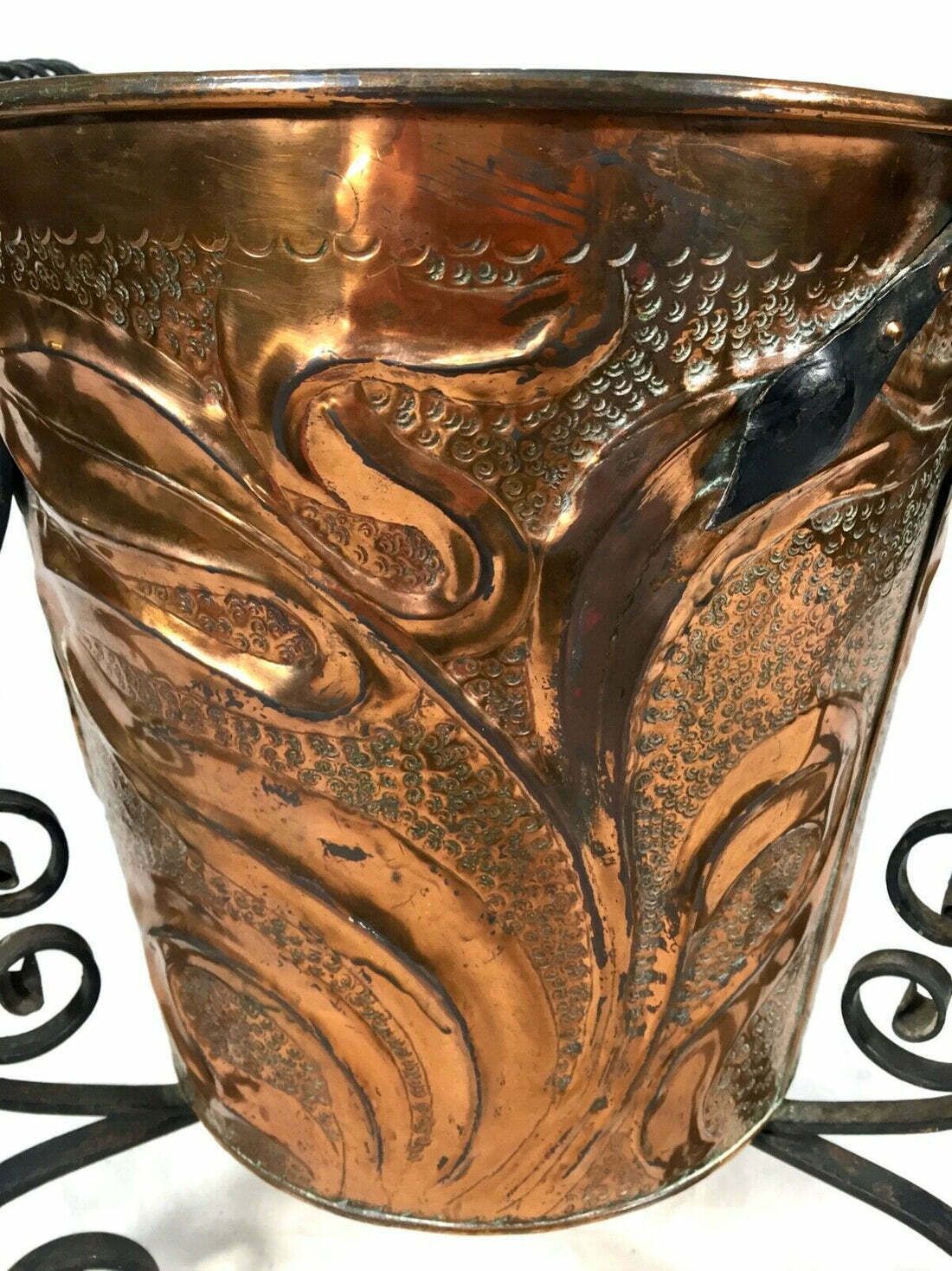 Antique Art Nouveau Copper & Cast Iron Bin / Planter / Arts & Crafts Log Basket photo 199.0