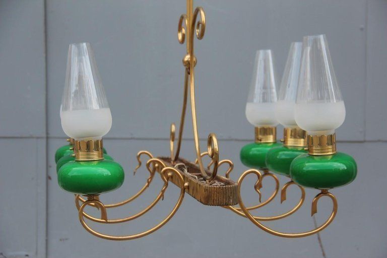 photo for sale Mid Century Italian Chandelier Brass Green Glass 1950 Gold Crystal