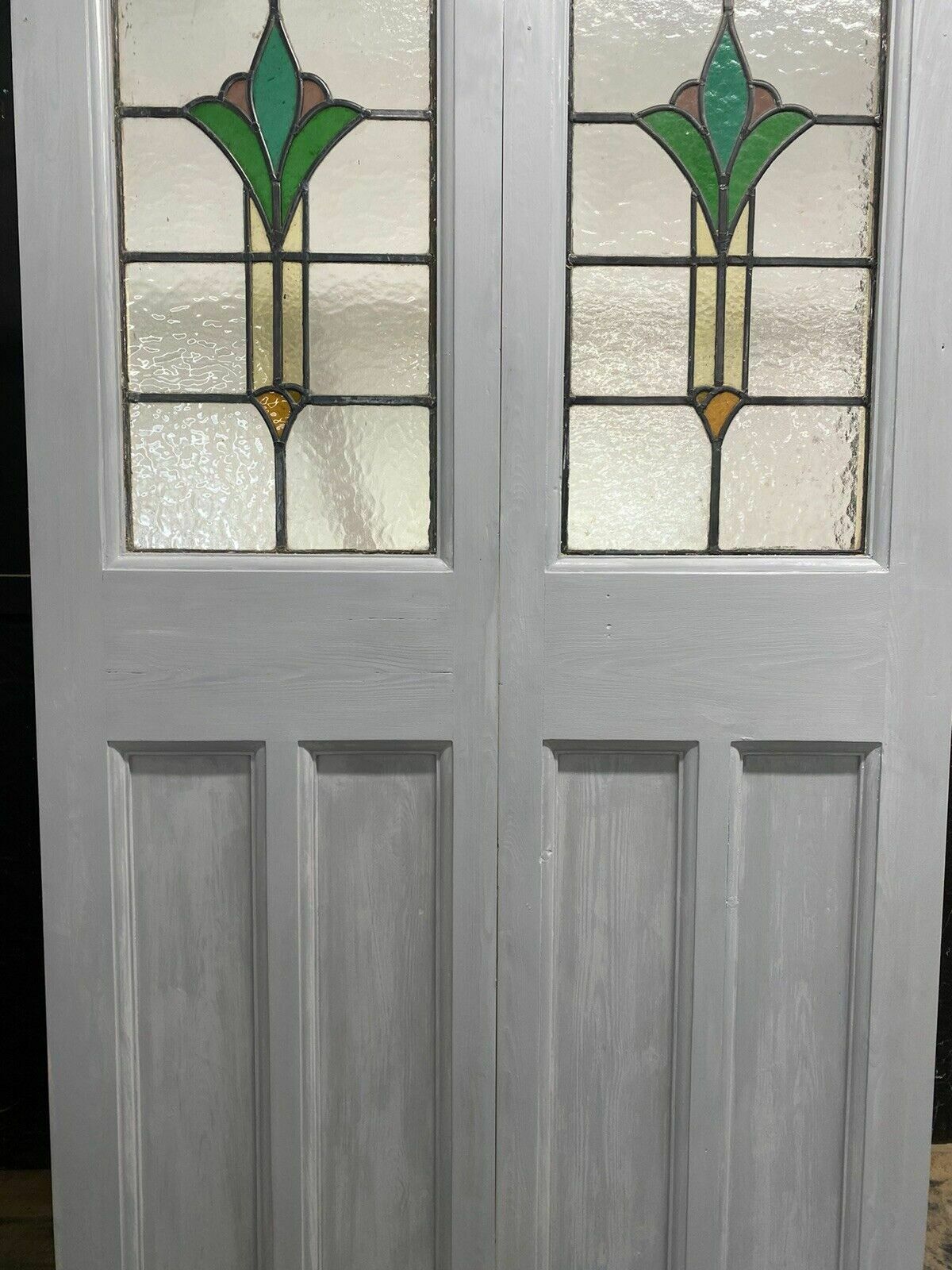 Art Deco Stained Glass French Doors Antique Period Reclaimed Old 20s 30s Leaded photo for sale