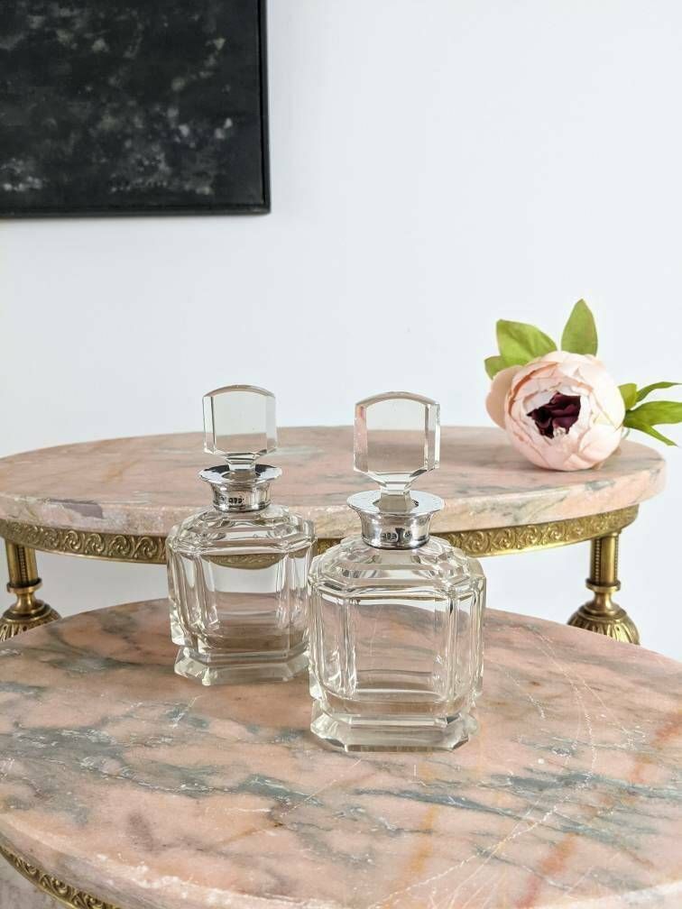 A Pair Of Exquisite Art Deco Antique Cut Glass Scent Bottles With Solid Silver Mounts, Hallmarked London 1932/33