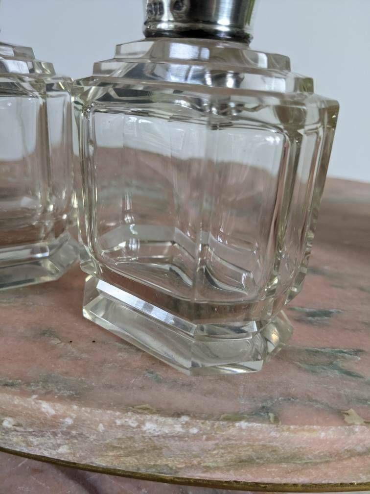 A Pair Of Exquisite Art Deco Antique Cut Glass Scent Bottles With Solid Silver Mounts, Hallmarked London 1932/33 photo furniture