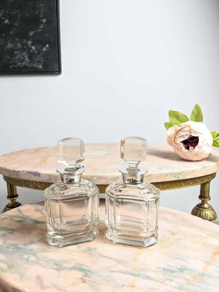 A Pair Of Exquisite Art Deco Antique Cut Glass Scent Bottles With Solid Silver Mounts, Hallmarked London 1932/33 photo vintage