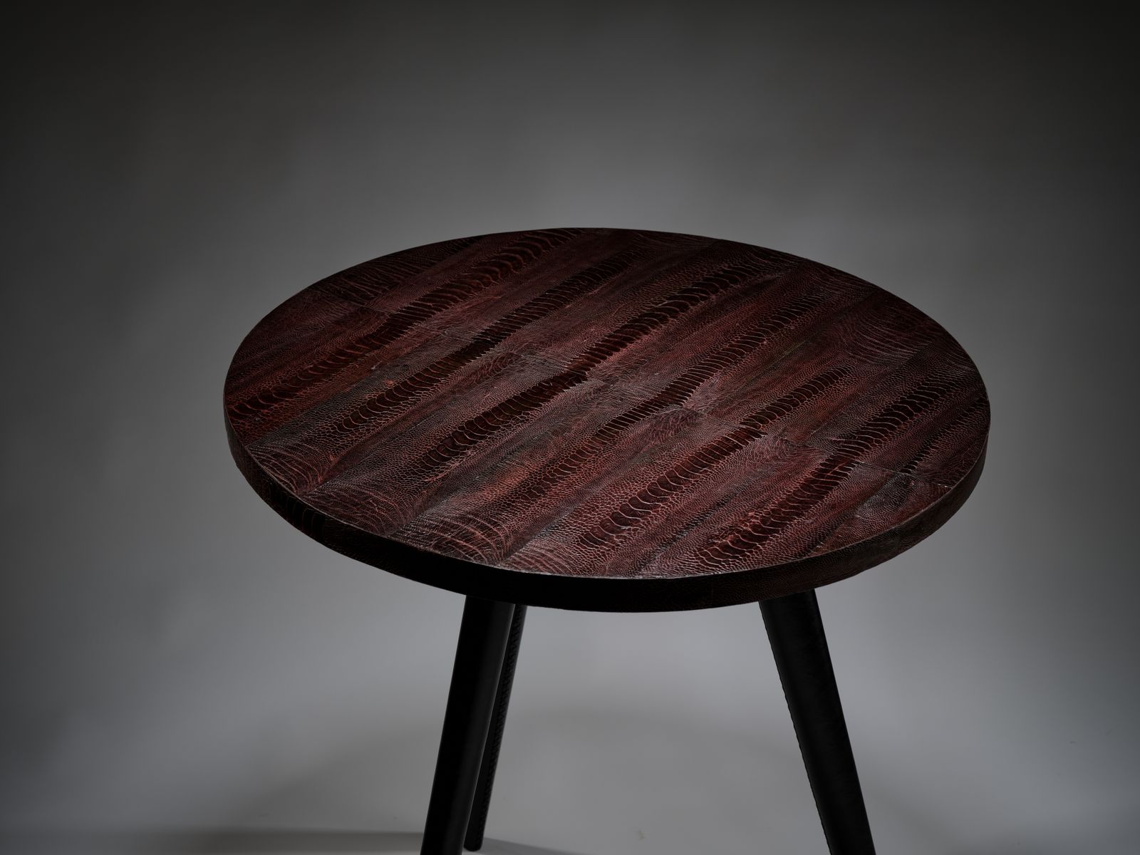 3795.0 Unique And Rare Aubergine Hand Dyed Boa Constrictor Snakeskin Table Resting On Black Hand Laced Leather Legs, South Africa Circa 1980's. photo