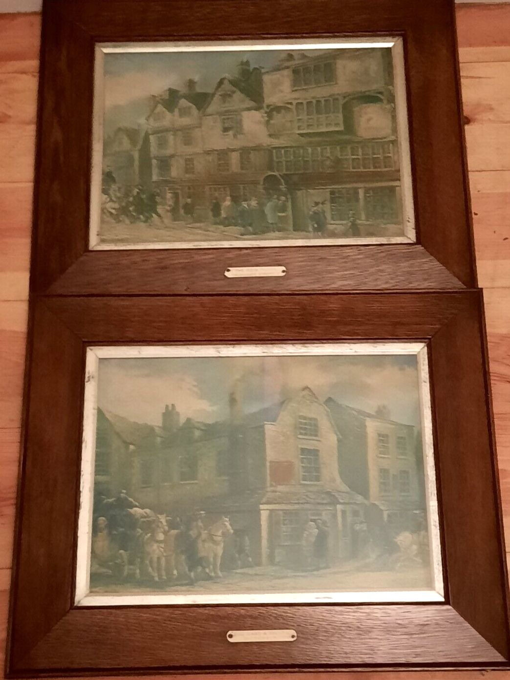 Two Antique Oak Framed Prints The Cock Tavern And The Hand And Shears London