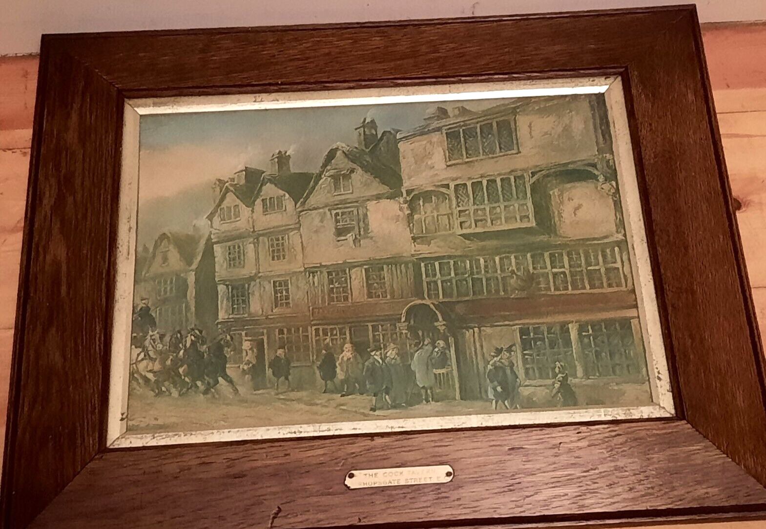 Two Antique Oak Framed Prints The Cock Tavern And The Hand And Shears London photo furniture