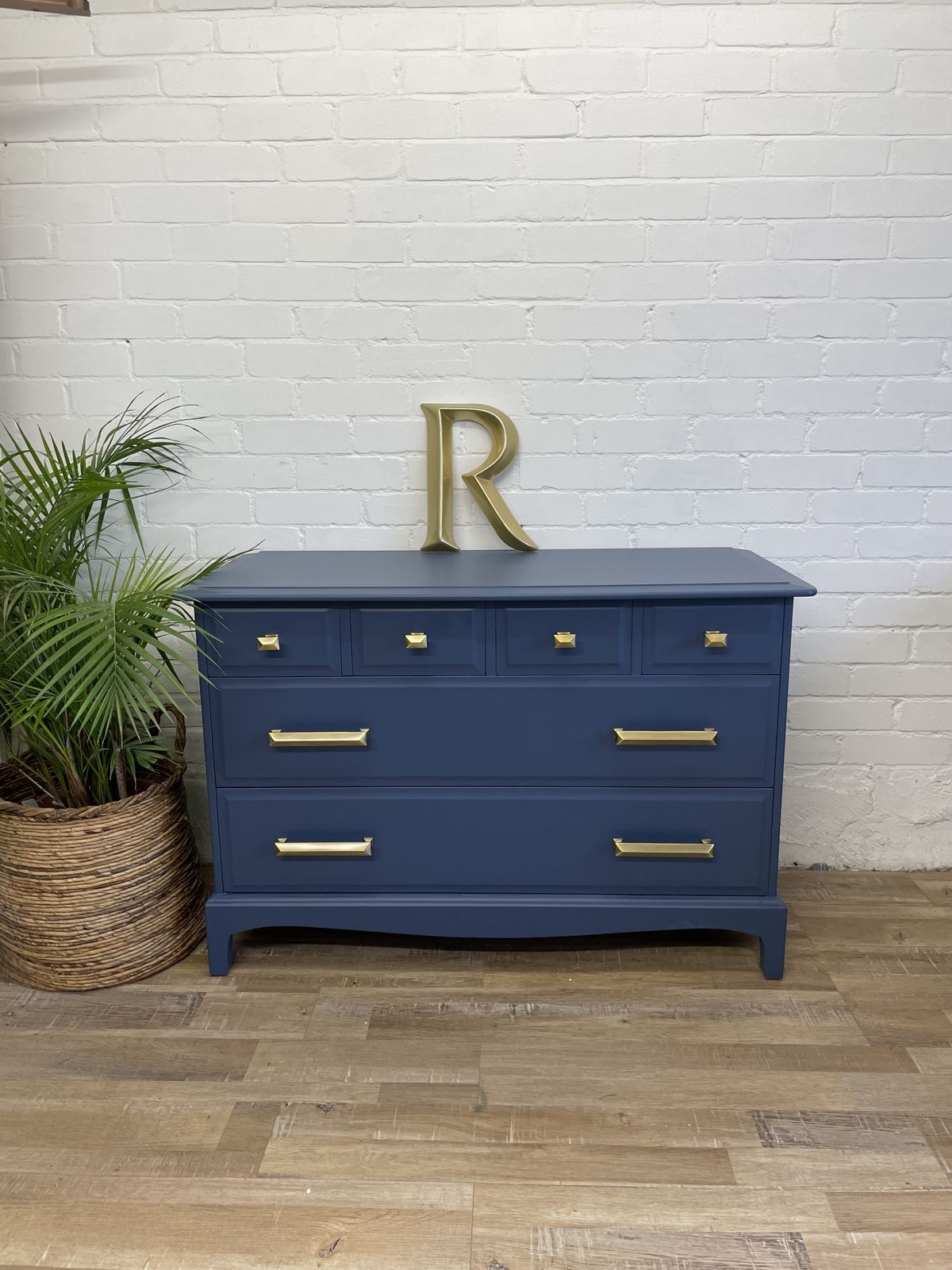 Stag Minstrel Pair Of 4 Over 2 Chest Of Drawers Painted Blue, Premium Brass Handles photo 1450.0