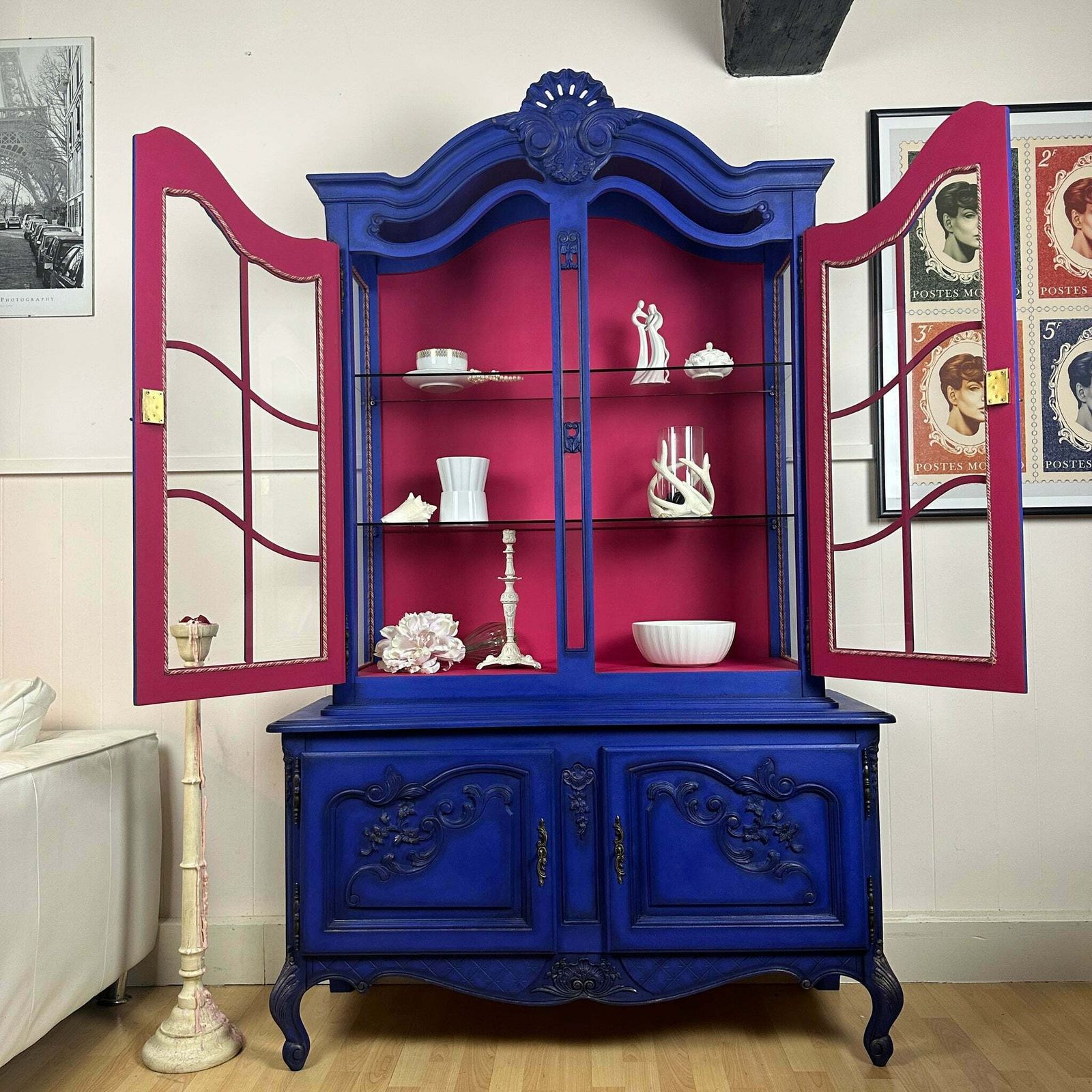 French Antique Display Cabinet Higly Decorated With Carvings Bright & Bold Statement Piece photo vintage