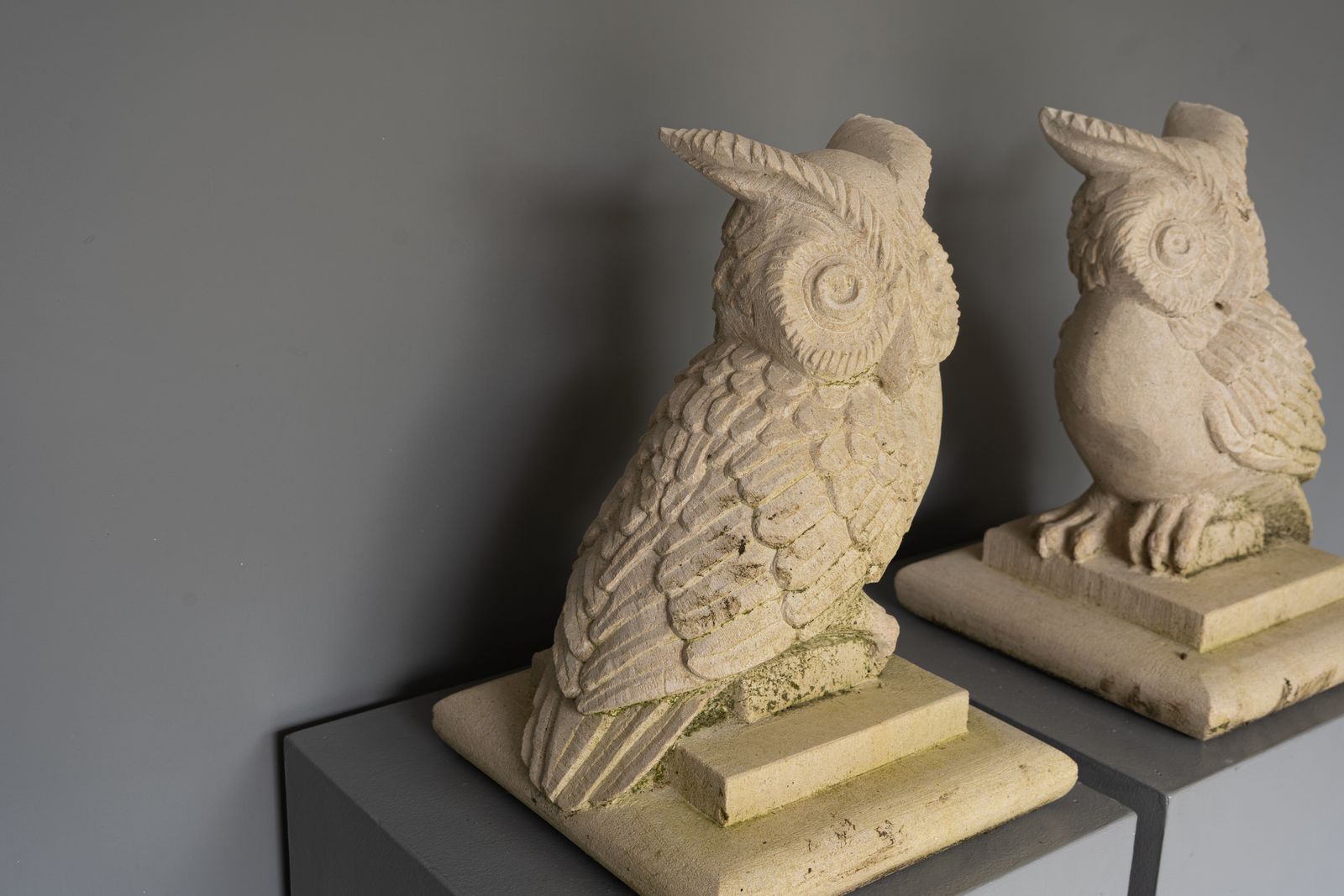 Pair Of Portland Stone Garden Owl Statues photo Garden Decor