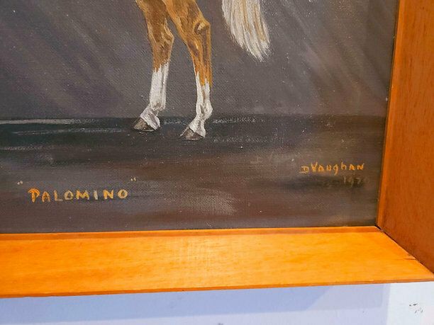 Large Mid Century Oil On Canvas Of Palomino Stallion Dated 1970 photo buy