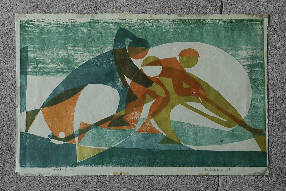 Viking Forsberg, Figures, Colored Woodcut, 1958