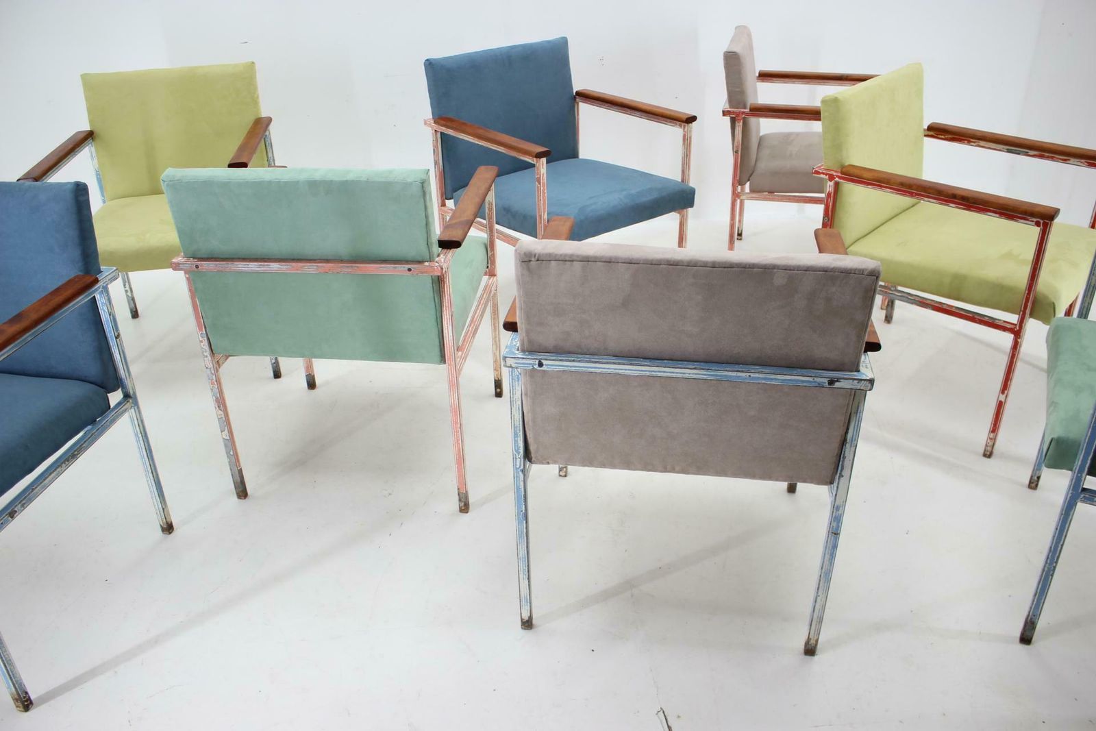 photo for sale 1960s Set Of Eight Iron And Wood Armchairs/Dining Chairs, Czechoslovakia