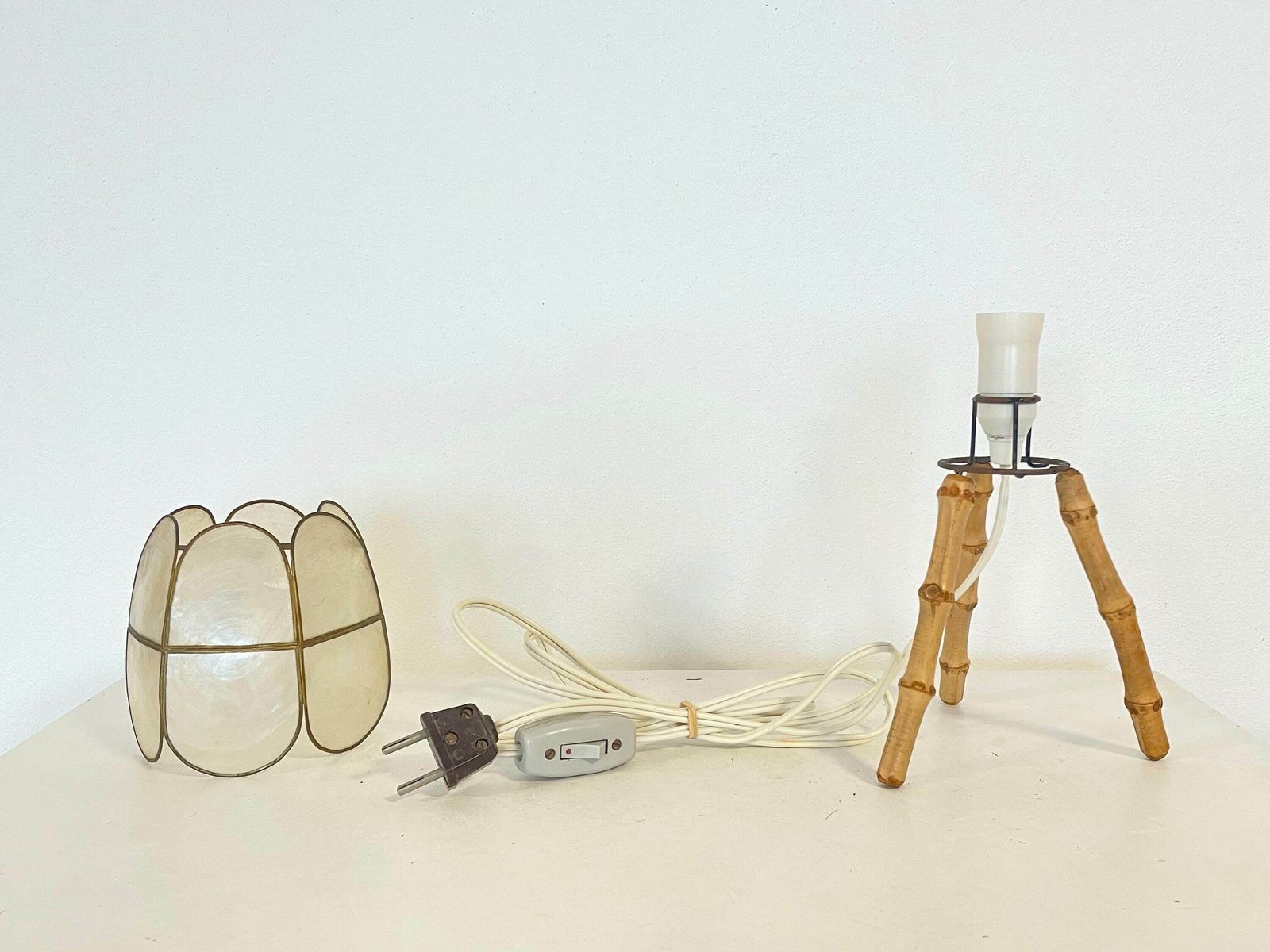 Vintage Danish Bamboo Wood Mid Century Tripod Table Lamp With Modernist Design Base And Seashell Shade photo vintage