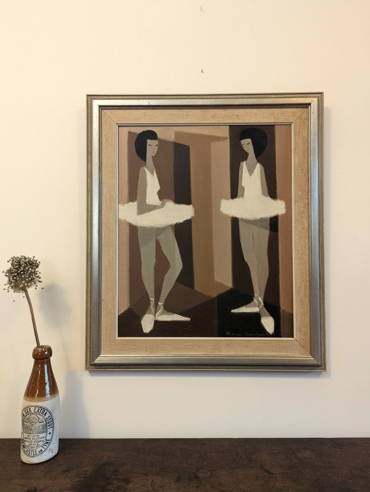 Mid Century Swedish Framed Figurative Oil Painting, Modernist Ballerinas photo furniture
