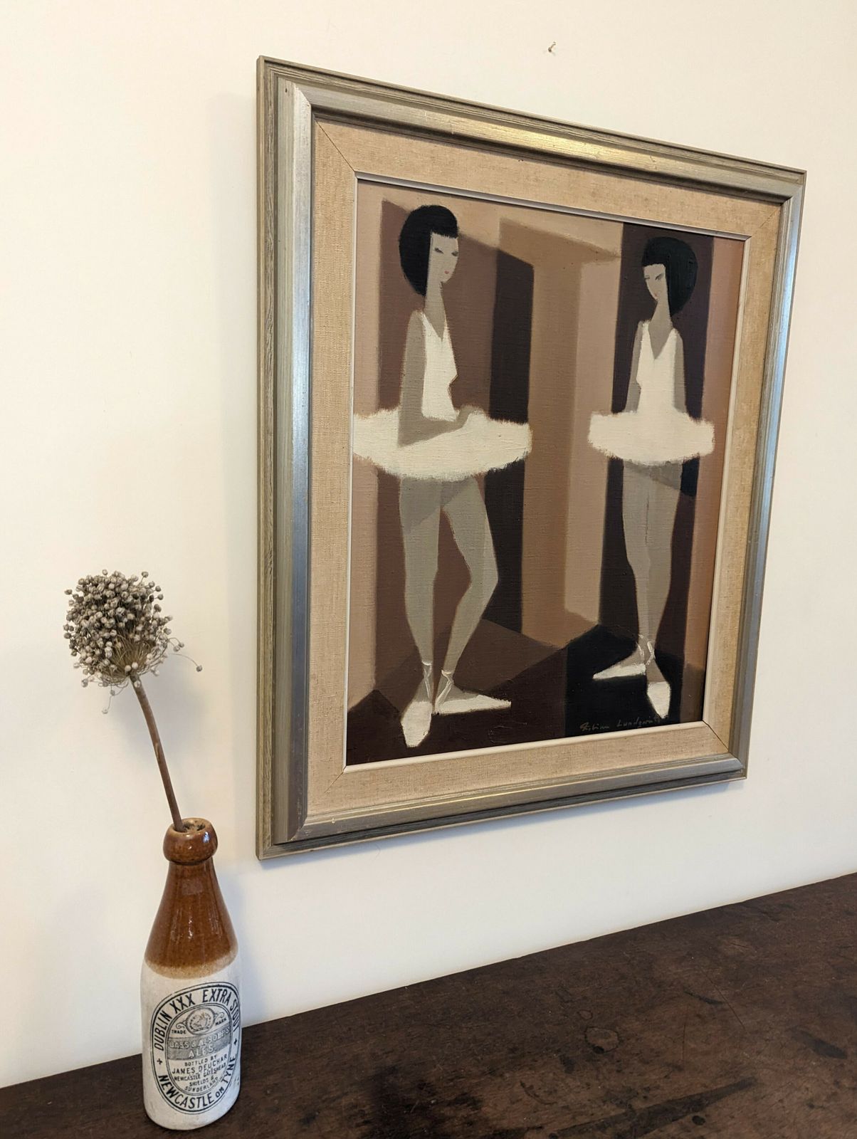 Mid Century Swedish Framed Figurative Oil Painting, Modernist Ballerinas photo Art