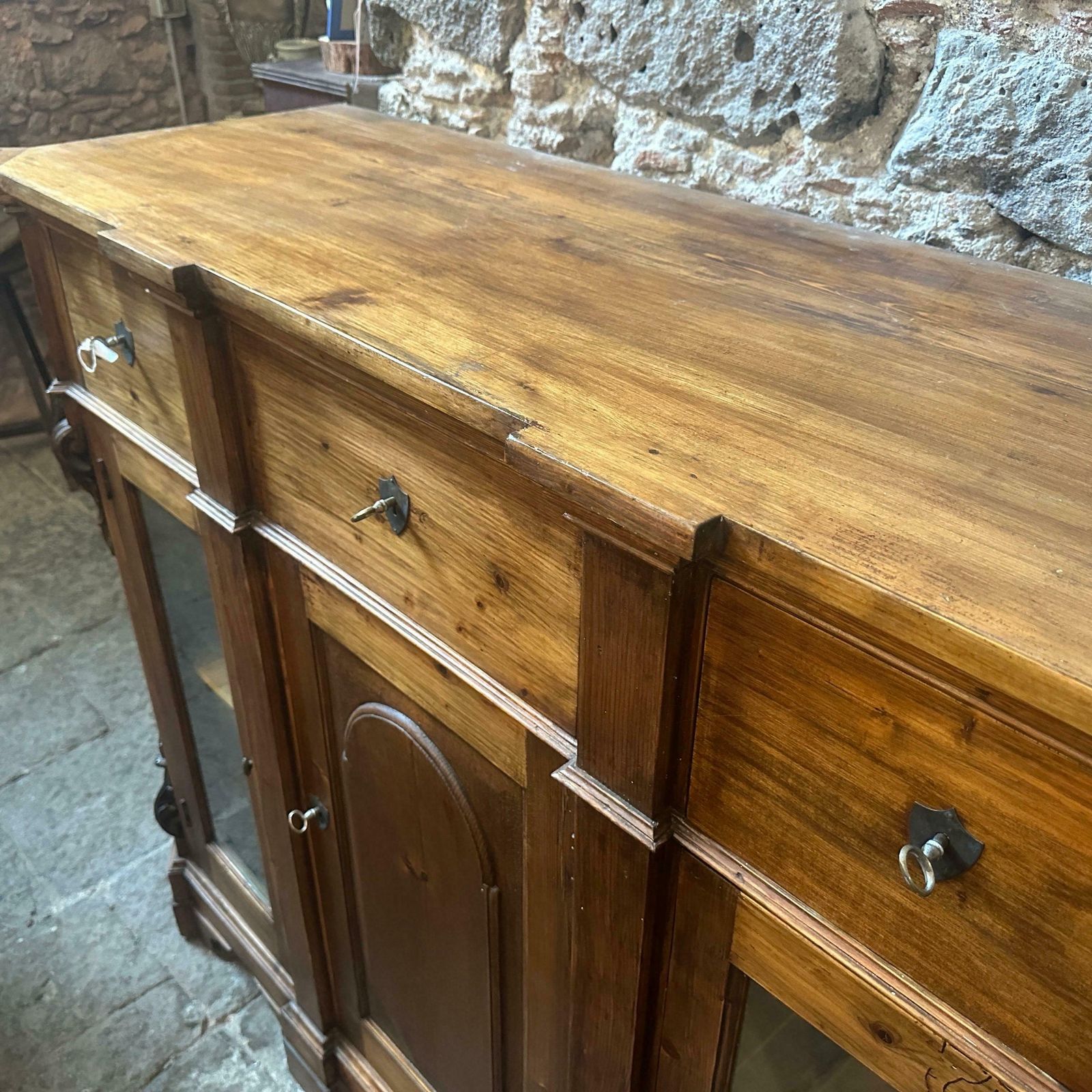 1870s Louis Philippe Hand Carved Fir Wood Sicilian Credenza photo vintage