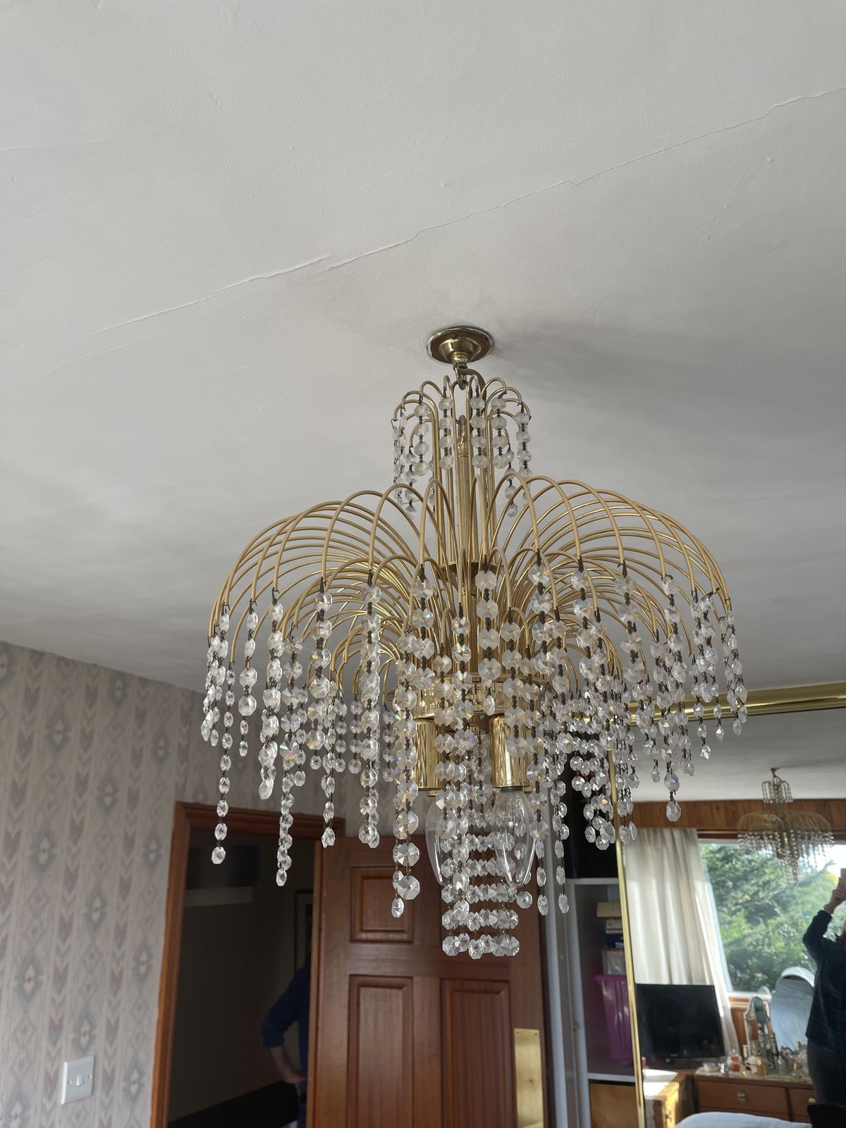 Mid Century Modern Brass And Crystal 1970s Waterfall Chandeliers   50cm photo for sale