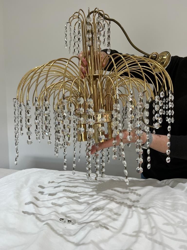 Mid Century Modern Brass And Crystal 1970s Waterfall Chandeliers   50cm photo Lighting