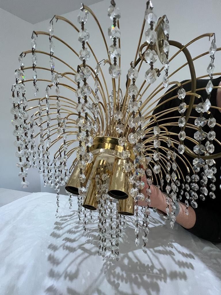 Mid Century Modern Brass And Crystal 1970s Waterfall Chandeliers   50cm photo 79.0