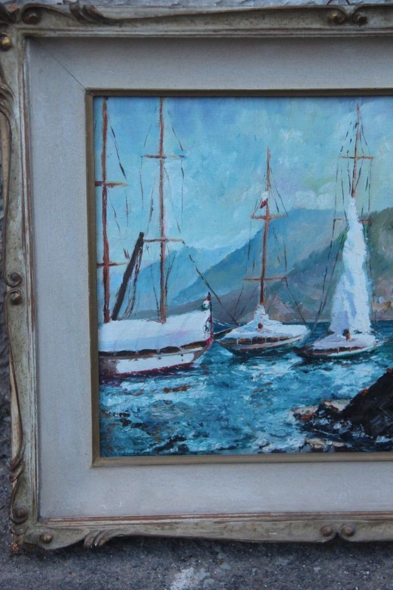 Oil On Cardboard Boats On The Sea In 1940 With Lacquered Frame photo for sale
