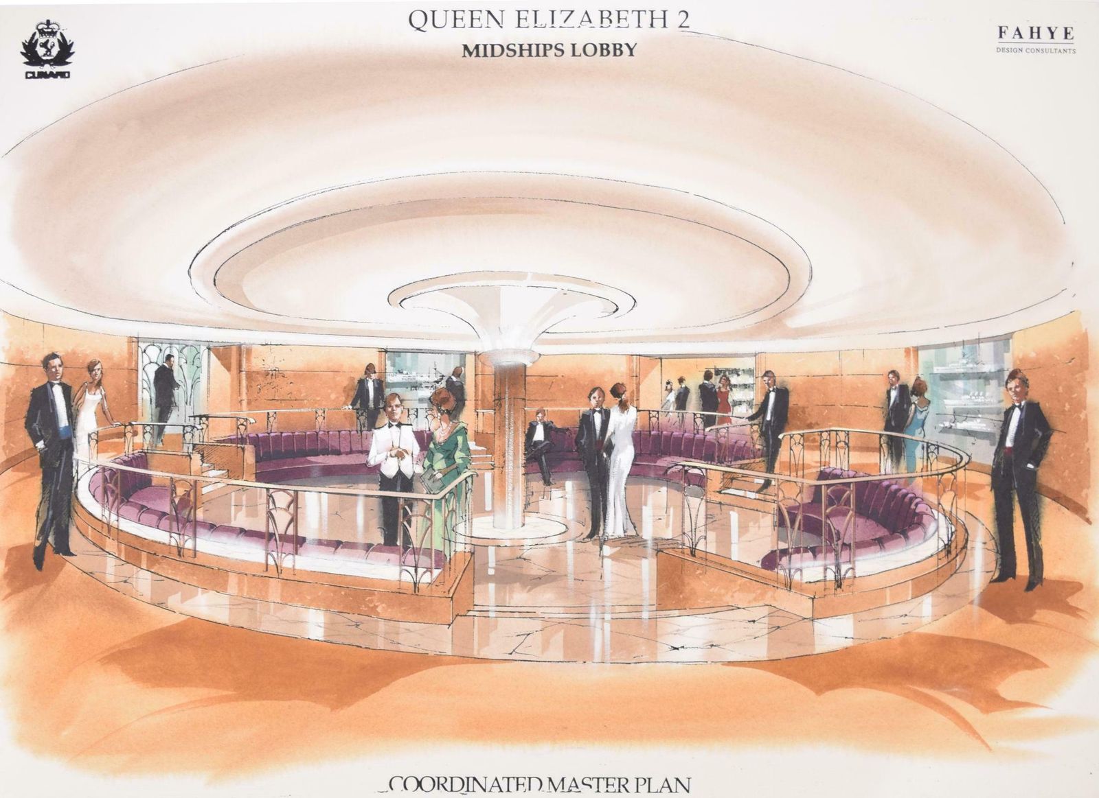 Queen Elizabeth 2 Cunard Midships Lobby Gouache Design By Fahye Design photo vinterior