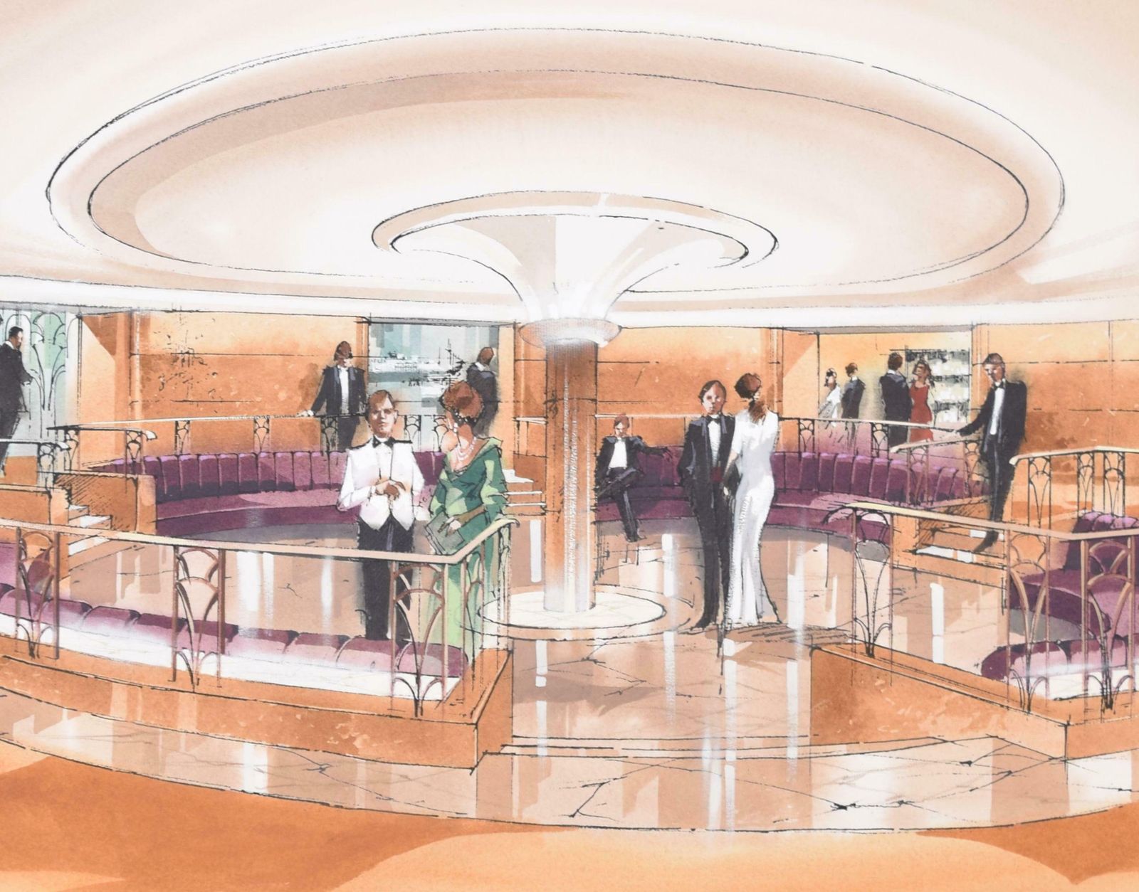 Queen Elizabeth 2 Cunard Midships Lobby Gouache Design By Fahye Design photo vintage